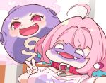  1girl :d ahoge belt_collar blue_hair chibi collar colored_inner_hair commentary faceswap fang fangs gen_1_pokemon idolmaster idolmaster_cinderella_girls koffing looking_at_viewer multicolored_hair open_mouth pink_eyes pink_hair pokemon selfie shirt smile solo symbol-only_commentary takato_kurosuke v yumemi_riamu 