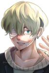  1boy bandage_on_face bandage_over_one_eye bandages bangs blonde_hair blue_eyes bruise bruise_on_face collarbone earrings grin hair_between_eyes hand_up highres illust_ratte injury jacket jewelry looking_at_viewer male_focus matsuno_chifuyu one_eye_covered portrait short_hair simple_background single_earring smile solo tokyo_revengers twitter_username white_background white_jacket 