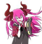  1girl bangs black_shirt earrings elizabeth_bathory_(fate) elizabeth_bathory_(fate)_(all) fang fate/extra fate/extra_ccc fate/grand_order fate_(series) highres holding holding_microphone horn_ornament horn_ribbon horns instrument jewelry long_hair microphone mokeo open_mouth pink_hair plaid pointy_ears ribbon shirt simple_background solo tambourine upper_body white_background 