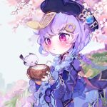  1girl bangs bead_necklace beads bird blush cherry_blossoms coconut coin_hair_ornament day dress drinking_straw genshin_impact grass hat jewelry jiangshi necklace outdoors purple_dress purple_eyes purple_hair qing_guanmao qiqi_(genshin_impact) solo starlipop 