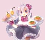  1girl absurdres apron bangs breasts dress drinking_straw eyebrows_behind_hair eyebrows_visible_through_hair fate/grand_order fate_(series) food glasses hair_between_eyes hair_over_one_eye hair_ribbon highres holding holding_plate izumi_mogu juice looking_at_viewer maid maid_apron maid_headdress mash_kyrielight noodles open_mouth pasta pink_background plate purple_eyes purple_hair ribbon short_hair simple_background solo waitress 