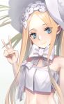  1girl abigail_williams_(fate) abigail_williams_(swimsuit_foreigner)_(fate) blonde_hair blue_eyes bow bowtie closed_mouth eyebrows_visible_through_hair eyelashes eyes_visible_through_hair fate/grand_order fate_(series) film_grain fingernails hat highres long_eyelashes long_hair looking_at_viewer plant smile solo swimsuit toho10min too_many too_many_bows upper_teeth v white_background white_bow white_headwear 