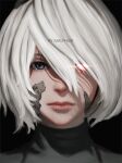  1girl artist_name black_background blindfold_removed bob_cut grey_eyes hair_between_eyes highres malphier mole mole_under_mouth nier_(series) nier_automata red_eyes short_hair solo white_hair yorha_no._2_type_b 