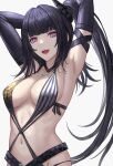  1girl architect_(girls&#039;_frontline) architect_(type_nvw)_(girls&#039;_frontline) armpits arms_up bangs black_gloves black_hair blunt_bangs breasts cleavage elbow_gloves eyebrows_visible_through_hair girls&#039;_frontline gloves highres long_hair looking_at_viewer medium_breasts navel open_mouth purple_eyes selcky side_ponytail simple_background smile solo swimsuit white_background 