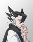  1boy bangs black_hair black_scarf blood blue_eyes closed_mouth commentary_request fingernails from_side grey_background grimsley_(pokemon) hand_up highres looking_at_viewer looking_to_the_side male_focus multicolored_hair nosebleed pokemon pokemon_(game) pokemon_sm scarf smile spiked_hair two-tone_hair upper_body usarinko white_hair 