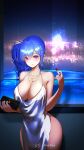  1girl absurdres azur_lane backless_dress backless_outfit bag bangs bare_shoulders blue_hair blue_nails blush breasts cleavage cosmetics dress earrings evening_gown hair_between_eyes hair_ornament hairclip halter_dress halterneck handbag highres holding holding_lipstick_tube holding_purse huge_breasts jewelry lao_fashi_rmi lipstick_tube looking_at_viewer medium_breasts nail_polish necklace official_alternate_costume plunging_neckline purple_eyes red_lips red_lipstick_tube revealing_clothes side_ponytail sidelocks signature silver_dress smile solo st._louis_(azur_lane) st._louis_(luxurious_wheels)_(azur_lane) 