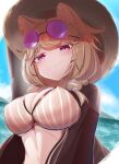  1girl animal_ear_fluff animal_ears arknights arm_behind_head bare_shoulders beach bikini black_shirt blush breasts closed_mouth commentary covered_nipples eyewear_on_head fang gician_l grey_bikini hair_over_shoulder hat highres large_breasts light_brown_hair long_hair navel off_shoulder official_alternate_costume open_clothes open_shirt outdoors parted_lips purple_eyes shirt skin_fang smile smug solo stomach straw_hat striped striped_bikini sunglasses swimsuit tail upper_body utage_(arknights) utage_(summer_flowers)_(arknights) 
