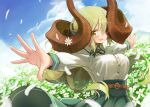  159cm 1girl :d belt blonde_hair blue_skirt blush brown_belt curled_horns field fingernails flower flower_field glan_(159cm) green_nails green_neckwear green_ribbon horns huge_horns long_hair looking_at_viewer nail_polish neck_ribbon one_eye_covered open_mouth original outdoors outstretched_arms ribbon shirt skirt smile spread_arms standing white_shirt yellow_eyes 