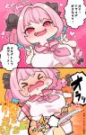  &gt;_&lt; 1girl 3: :d ahoge astolfo_(fate) astolfo_(fate)_(cosplay) black_bow blue_hair blush bow braid breasts chibi collar colored_inner_hair cosplay crying d: double_v dutch_angle fang fate/apocrypha fate_(series) hair_bow heart idolmaster idolmaster_cinderella_girls large_breasts long_hair looking_at_viewer miniskirt multicolored_hair necktie open_mouth pink_eyes pink_hair pink_neckwear pink_skirt pleated_skirt school_uniform serafuku shirt short_sleeves skirt smile solo symbol-only_commentary takato_kurosuke tears translation_request v white_shirt yumemi_riamu 