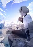  1girl blonde_hair bread buckler building cliff dawn_traveller_(km_yama) eating fingerless_gloves food gloves grey_eyes hair_bun hairband highres holding holding_food horizon indian_style km_yama long_hair long_sleeves mountainous_horizon original pants shield sitting sky solo sword tree weapon 