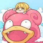  1girl :3 blonde_hair blush chibi crossover gen_1_pokemon green_eyes long_sleeves miyamoto_frederica pokemon pokemon_(creature) slowpoke smile symbol-only_commentary takato_kurosuke 