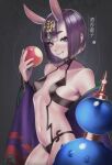 1girl :q absurdres bangs bare_shoulders blush bob_cut breasts character_name commentary_request cowboy_shot eyebrows_visible_through_hair eyeliner fate/grand_order fate_(series) fingernails food food_bite fruit gourd headpiece highres holding holding_food holding_fruit horns japanese_clothes jewelry kimono licking_lips looking_at_viewer makeup nanja navel oni oni_horns open_clothes open_kimono peach purple_eyes purple_hair purple_kimono revealing_clothes saliva short_eyebrows short_hair shuten_douji_(fate) skin-covered_horns small_breasts smile solo tongue tongue_out wide_sleeves 