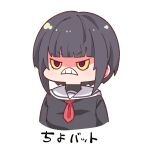  1girl bangs black_hair black_shirt blunt_bangs chibi colored_sclera crobat d: fusion gen_2_pokemon idolmaster idolmaster_cinderella_girls necktie open_mouth parody pokemon purple_eyes red_neckwear sailor_collar school_uniform serafuku shirayuki_chiyo shirt short_hair short_necktie simple_background solo takato_kurosuke upper_body white_background white_sailor_collar yellow_sclera 