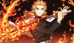  1boy belt black_jacket blonde_hair blurry buttons cape closed_mouth colored_tips commentary_request depth_of_field embers fire flame flaming_sword flaming_weapon forehead forked_eyebrows gakuran gradient gradient_background hands_up highres holding holding_sword holding_weapon jacket k_(gear_labo) katana kimetsu_no_yaiba long_hair long_sleeves looking_at_viewer male_focus multicolored_hair orange_eyes red_hair rengoku_kyoujurou school_uniform simple_background smile solo sword thick_eyebrows two-tone_hair upper_body weapon white_belt white_cape 