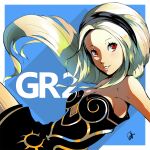  1girl black_hairband black_leotard blonde_hair blue_background border breasts cleavage dark-skinned_female dark_skin dh_(brink_of_memories) from_side gravity_daze hairband highres kitten_(gravity_daze) legs_up leotard logo long_hair open_mouth red_eyes short_eyebrows signature simple_background solo teeth turning_head white_border 