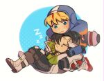  1boy 1girl apex_legends bangs black_gloves black_hair black_pants blonde_hair blue_eyes blue_gloves blue_headwear boots chibi closed_eyes crossed_arms crypto_(apex_legends) fingerless_gloves gloves hood hooded_jacket hug jacket leorlontyan pants sleeping smile undercut wattson_(apex_legends) white_footwear white_jacket zzz 