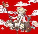  1girl :3 ahoge andira_(granblue_fantasy) animal animal_ears bangs barefoot blonde_hair bow breasts detached_leggings fur_trim granblue_fantasy hair_between_eyes hair_bow holding holding_staff mokeo monkey monkey_ears monkey_girl monkey_tail red_background red_eyes scarf short_hair small_breasts squatting staff tail two_side_up white_scarf whorled_clouds 