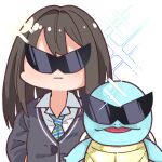  1girl :| blush brown_hair closed_mouth crossover gen_1_pokemon grey_jacket idolmaster idolmaster_cinderella_girls jacket long_hair looking_at_viewer necktie pokemon pokemon_(anime) pokemon_(classic_anime) pokemon_(creature) shibuya_rin squirtle squirtle_squad striped striped_neckwear sunglasses takato_kurosuke 