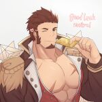  1boy bara blue_eyes brown_hair epaulettes facial_hair fate/grand_order fate_(series) fringe_trim goatee highres jacket large_pectorals long_sideburns long_sleeves male_cleavage male_focus mature_male muscular muscular_male napoleon_bonaparte_(fate) one_eye_closed open_clothes open_jacket opqrald partially_unbuttoned pectorals scar scar_on_chest short_hair sideburns smile solo summon_ticket upper_body 