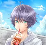  1boy ahoge bangs blue_sky blush brick_wall cloud collarbone commentary_request cup day drawstring drinking_straw eyebrows_visible_through_hair green_eyes hair_between_eyes hand_up holding holding_cup hood hood_down hoodie male_focus original outdoors purple_hair sky solo sunameri_(pixiv3564245) upper_body white_hoodie 