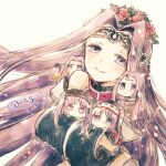  amato_nagi black_leotard chibi collar euryale_(fate) fate/grand_order fate/hollow_ataraxia fate/stay_night fate_(series) flower_wreath gorgon_(fate) hairband highres leotard lolita_hairband long_hair medusa_(fate) medusa_(lancer)_(fate) medusa_(rider)_(fate) multiple_persona purple_eyes purple_hair siblings sisters smile stheno_(fate) twins twintails twitter_username very_long_hair 