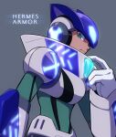  1boy android armor bodysuit closed_mouth commentary_request english_commentary from_side gloves glowing green_bodysuit green_eyes grey_background helmet high_collar highres hoshi_mikan looking_at_viewer looking_to_the_side male_focus mega_man_(series) mega_man_x8 mega_man_x_(character) mega_man_x_(series) mixed-language_commentary purple_headwear serious simple_background solo upper_body white_gloves 