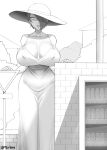  1girl 2ch bangs bare_shoulders breasts brick_wall collarbone commentary covered_nipples dress fusion greyscale hair_over_one_eye hasshaku-sama hat highres huge_breasts monochrome original outdoors parted_lips saya_(twrlare) short_hair sleeveless sleeveless_dress solo sun_hat sundress tall_female twitter_username twrlare vending_machine 