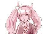  1girl :o bangs blunt_bangs bow commentary_request danganronpa_(series) danganronpa_another_episode:_ultra_despair_girls eyebrows_visible_through_hair fake_horns hairband hand_up horns jacket kashima_(xxkaziko) long_hair looking_at_viewer open_mouth pink_eyes pink_hair polka_dot polka_dot_bow shiny shiny_hair shirt simple_background sleeves_past_wrists solo twintails upper_body utsugi_kotoko white_background 