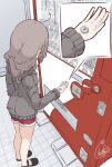  1girl ahoge beni_shake black_footwear brown_hair check_commentary coin commentary_request grey_hoodie holding hood hood_down hoodie long_sleeves money original red_shorts shoes short_shorts shorts signature solo vending_machine 