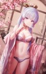  1girl bare_shoulders bra breasts cherry_blossoms choker cowboy_shot genshin_impact grey_bra grey_panties hair_ornament hand_up highres japanese_clothes kamisato_ayaka lingerie long_hair looking_at_viewer medium_breasts navel off_shoulder open_clothes panties ponytail purple_eyes rimuu silver_hair smile solo standing stomach underwear wide_sleeves 