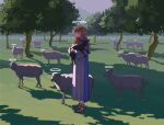 1girl absurdres animal aqua_eyes bangs black_sheep blue_robe closed_mouth commentary day english_commentary full_body grass halo highres holding holding_animal horns huge_filesize long_hair long_sleeves looking_at_viewer mountain orange_hair original outdoors purple_sky sandals shade sheep sheep_horns shunken_he solo standing tree white_robe 