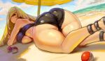  1girl ass beach bikini black_bikini blonde_hair blush breasts day from_behind green_eyes hair_over_one_eye huge_breasts kazo long_hair looking_at_viewer looking_back lusamine_(pokemon) lying on_stomach pokemon pokemon_(anime) pokemon_sm_(anime) shiny shiny_hair shiny_skin smile solo swimsuit thighs underboob very_long_hair 