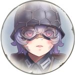  1girl bandaid bangs border commentary company_of_heroes dirty dirty_face english_commentary german_army goggles goggles_on_head hair_between_eyes hat helmet lowres military military_hat military_uniform open_mouth original pink_eyes portrait purple_hair short_hair solo teeth uniform world_war_ii zhainan_s-jun 