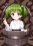  1girl bangs basket belt black_belt blush brown_background closed_mouth dress eyebrows_visible_through_hair green_eyes green_hair ground hand_up highres japanese_clothes kimono kisume long_sleeves looking_to_the_side rock ruu_(tksymkw) short_hair short_twintails solo touhou twintails v white_dress white_kimono white_sleeves 