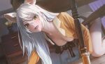  1girl :d absurdres all_fours animal_ears bakemonogatari bakeneko bangs black_bra black_hanekawa black_panties bra breasts butter_squid cat_ears cat_girl crawling fangs hair_between_eyes hanekawa_tsubasa highres large_breasts long_hair looking_at_viewer monogatari_(series) nekomonogatari no_pants open_mouth pajamas panties smile solo tongue tongue_out under_table underwear white_hair yellow_eyes 