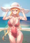  1girl azur_lane bare_shoulders beach blonde_hair breasts covered_navel hand_on_headwear hat highres large_breasts long_hair looking_at_viewer manu_(pixiv41646715) off_shoulder official_alternate_costume outdoors parted_lips pink_swimsuit purple_eyes richelieu_(azur_lane) richelieu_(flagship_in_the_sea_breeze)_(azur_lane) swimsuit wet wet_clothes wet_swimsuit white_headwear 