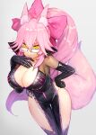  1girl animal_ear_fluff animal_ears bangs black_bodysuit blush bodysuit bow breasts center_opening cleavage collarbone fate/grand_order fate_(series) fox_ears fox_girl fox_tail glasses hair_between_eyes hair_bow highres hip_vent koyanskaya_(fate) large_breasts long_hair looking_at_viewer pink_bow pink_hair ponytail sidelocks smile solo tail tamamo_(fate) thighs waterstaring yellow_eyes 