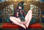  1girl anklet barefoot black_hair bottomless breasts censored chinese_clothes crown feet green_eyes green_hair green_nails highres jewelry legs long_hair looking_at_viewer miaodiande_yuanshoumiao mosaic_censoring multicolored_hair nipples punishing:_gray_raven qu sitting soles solo thighs toes 