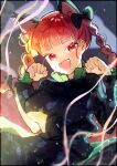  1girl animal_ears bangs black_background black_bow bow braid breasts cat_ears dress eyebrows_visible_through_hair green_dress hair_bow hands_up kaenbyou_rin light long_hair long_sleeves looking_at_viewer medium_breasts one-hour_drawing_challenge open_mouth red_background red_eyes red_hair saidasai shadow smile solo touhou twintails 