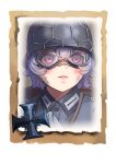  1girl bandaid bangs commentary company_of_heroes dirty dirty_face english_commentary german_army goggles goggles_on_head hair_between_eyes hat helmet military military_hat military_uniform open_mouth original pink_eyes portrait purple_hair short_hair solo teeth uniform world_war_ii zhainan_s-jun 