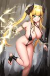  1girl absurdres black_swimsuit blonde_hair bracelet breasts cain_(gunnermul) cleavage commentary_request copyright_request demon_girl demon_horns green_eyes grin highres horns jewelry korean_commentary large_breasts lightning long_hair navel pointy_ears slingshot_swimsuit slit_pupils smile solo swimsuit toeless_legwear twintails 