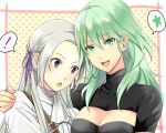  ! 2girls anzk232 arm_around_shoulder blush breasts byleth_(fire_emblem) byleth_(fire_emblem)_(female) cleavage cleavage_cutout clothing_cutout commentary edelgard_von_hresvelg enlightened_byleth_(female) fire_emblem fire_emblem:_three_houses green_eyes green_hair large_breasts long_hair looking_at_breasts multiple_girls open_mouth purple_eyes simple_background smile speech_bubble spoken_exclamation_mark spoken_star star_(symbol) yuri 