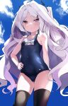  1girl absurdres ahoge bangs bare_shoulders black_legwear blue_archive blue_sky blush breasts commentary_request forehead grey_hair hair_ornament hairclip highres hina_(blue_archive) long_hair looking_at_viewer name_tag parted_bangs purple_eyes school_swimsuit shimejinameko sky small_breasts solo swimsuit thighhighs 