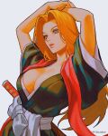  1girl arms_behind_head arms_up bleach blue_eyes breasts cleavage highres japanese_clothes large_breasts long_hair matsumoto_rangiku mole mole_under_mouth orange_hair shinigami simple_background solo sun_ah sword weapon 
