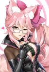  1girl animal_ear_fluff animal_ears bangs between_breasts black_bodysuit blush bodysuit bow breasts center_opening chako_(pixiv_68948388) choker cleavage elbow_gloves explosive fate/grand_order fate_(series) fox_ears fox_girl fox_tail glasses gloves grenade hair_between_eyes hair_bow heart highres koyanskaya_(fate) large_breasts long_hair looking_at_viewer one_eye_closed pink_bow pink_hair ponytail sidelocks smile solo tail tamamo_(fate) tongue tongue_out yellow_eyes 