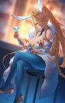  1girl artoria_pendragon_(fate) artoria_pendragon_(swimsuit_ruler)_(fate) bangs blue_legwear blue_neckwear breasts cero320 cherry cleavage coat cocktail_glass cup detached_collar drinking_glass fate/grand_order fate_(series) food fruit fur_coat hair_between_eyes head_tilt high_heels highres holding holding_cup large_breasts leotard long_hair looking_at_viewer necktie pantyhose playboy_bunny shoe_dangle short_necktie sitting smile solo strapless strapless_leotard symbol-only_commentary white_coat white_footwear white_leotard 