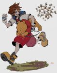 2boys bear bee blue_eyes brown_hair bug carrying chain disney eating fingerless_gloves gloves grey_background highres honey hood hooded_jacket insect jacket jewelry kingdom_hearts multiple_boys necklace oimo_(oimkimn) pooh red_shorts running short_sleeves shorts sora_(kingdom_hearts) sweat symbol-only_commentary white_gloves white_jacket winnie_the_pooh 