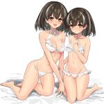  2girls :d arknights arm_support ass_visible_through_thighs bare_legs barefoot bikini blush breasts brown_eyes brown_hair choker cleavage closed_mouth criss-cross_halter dual_persona earrings eyebrows eyebrows_visible_through_hair flat_chest frilled_bikini frills front-tie_bikini front-tie_top full_body halterneck hand_on_own_chest highres jewelry kneeling looking_at_viewer magallan_(arknights) medium_breasts multi-strapped_bikini multicolored_hair multiple_girls navel open_mouth sigm@ simple_background single_earring sitting smile streaked_hair swimsuit thigh_gap white_background white_bikini yokozuwari younger 
