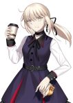  1girl artoria_pendragon_(fate) belt belt_buckle breasts buckle choker cowboy_shot dress eyebrows_visible_through_hair eyes_visible_through_hair fate/stay_night fate_(series) hair_between_eyes highres holding long_sleeves looking_at_viewer mishiro_(ixtlolton) ponytail saber_alter simple_background small_breasts solo takeuchi_takashi_(style) white_background 