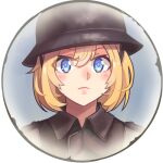  1girl bangs blonde_hair blue_eyes border british_army closed_eyes closed_mouth company_of_heroes hair_between_eyes hat helmet lowres military military_hat military_jacket military_uniform original short_hair solo uniform world_war_ii zhainan_s-jun 